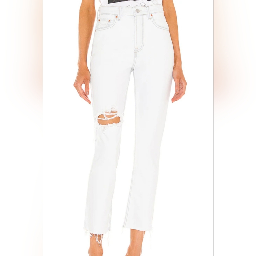 GRLFRND,KAROLINA HIGH RISE STRAIGHT CROPPED JEANS, SIZE 29, PALEST PASTEL BLUE